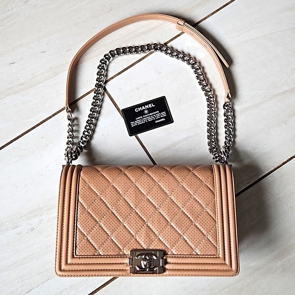 CHANEL Handbags - CHANEL Boy Bag Perforated Lambskin Quilted Leather Silver Tan w/Card